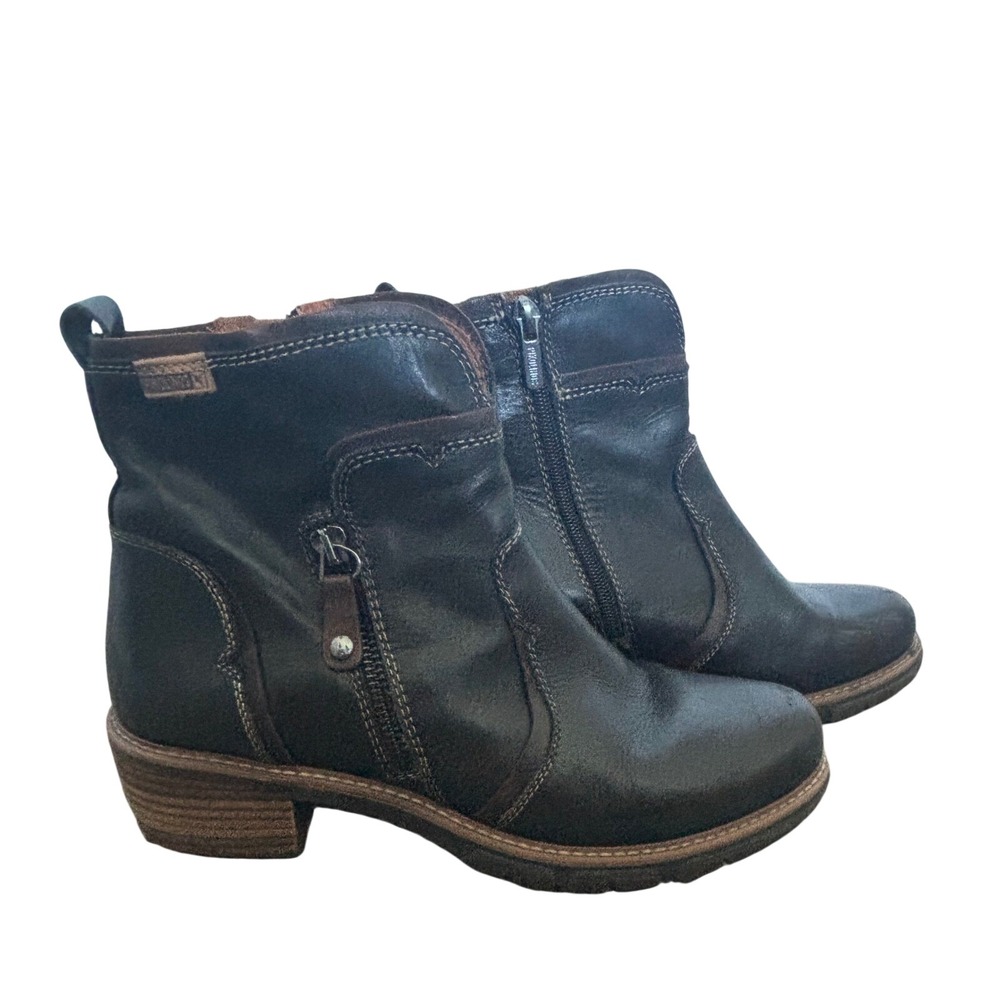 Pikolinos Dark Brown Leather Ankle Boots Side‎ Zip Block Heel Womens Size 39